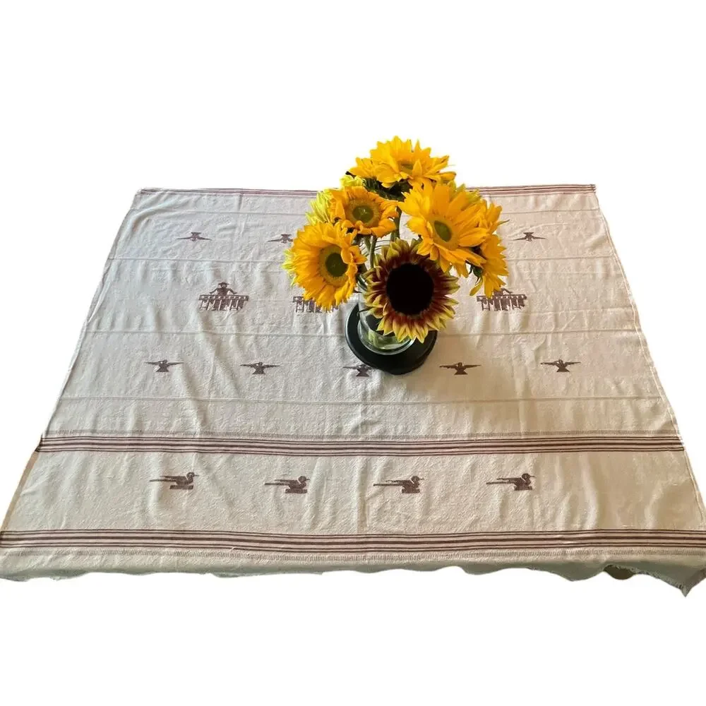 55 X 52 VNTG Hand-Embroidered Santa Fe Folk Art Woven Tablecloth Multifunctional